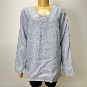 FLAX Womens Medium Blue 100% Linen Long Sleeve Notched Neck Tunic Top Lithuania